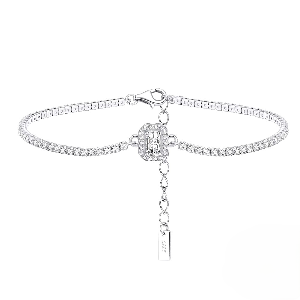 925 Sterling Silver Rhodium Plating Tennis Bracelet 1.5mm with 8mm Clear 5A CZ Emerald Cut Pendant