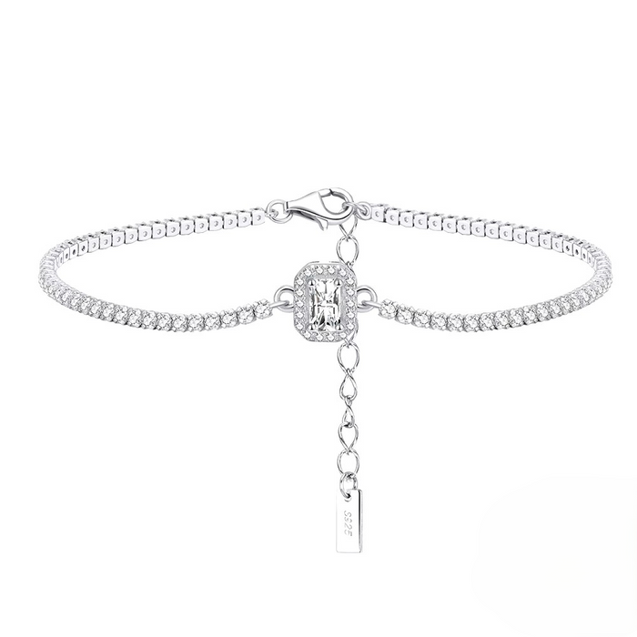 925 Sterling Silver Rhodium Plating Tennis Bracelet 1.5mm with 8mm Clear 5A CZ Emerald Cut Pendant