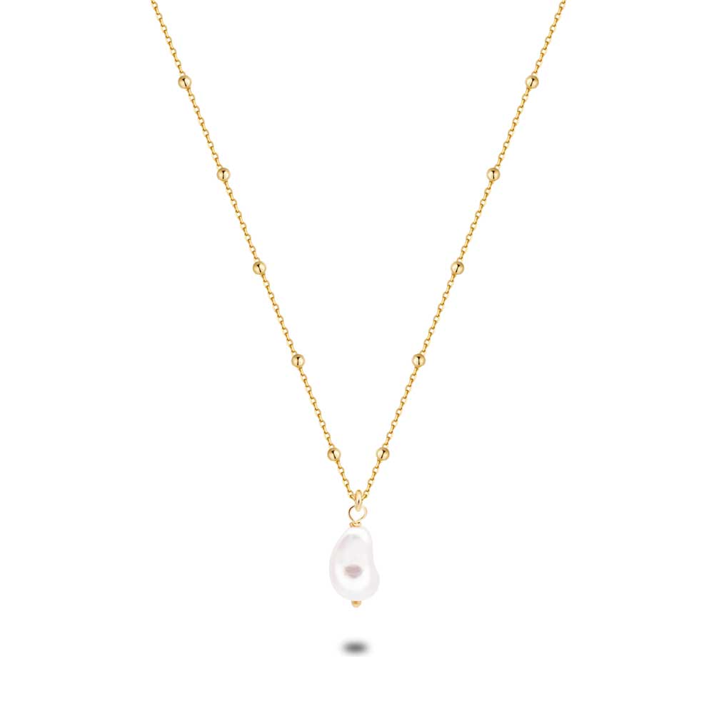 18Ct Gold Plated Silver Necklace, Ball Chain, Baroque Pearl