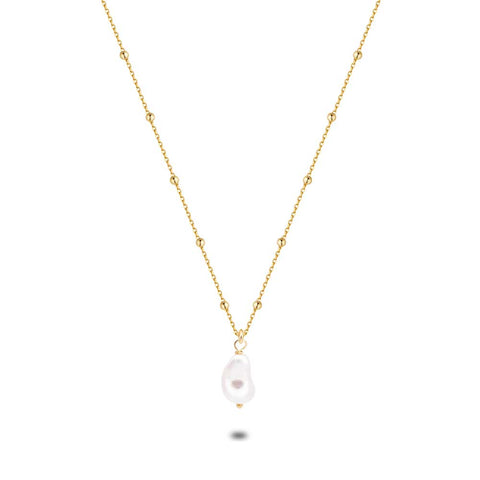 18Ct Gold Plated Silver Necklace, Ball Chain, Baroque Pearl