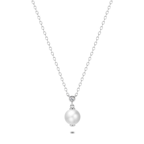 Silver Necklace, Freshwater Pearl, Small Zirconia