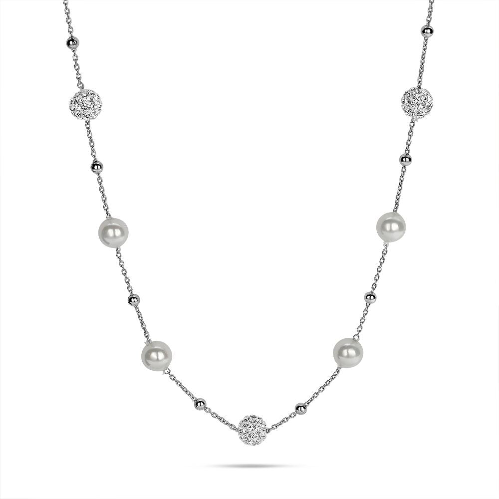 Silver Necklace, Balls Inlaid With White Crystals, Pearls