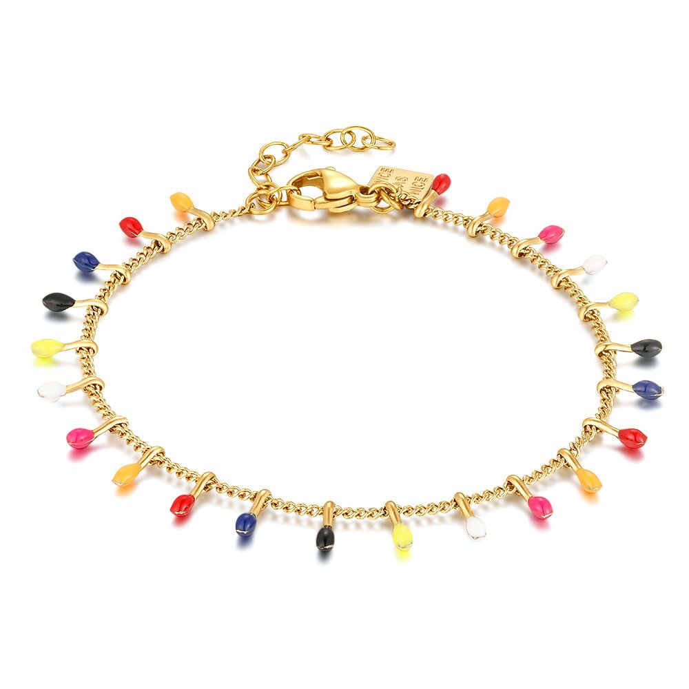 Gold Coloured Stainless Steel Bracelet, Multicoloured Enamel Dots