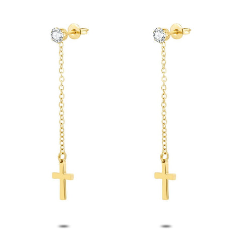 Gold Coloured Stainless Steel Earrings, Cross, Zirconia