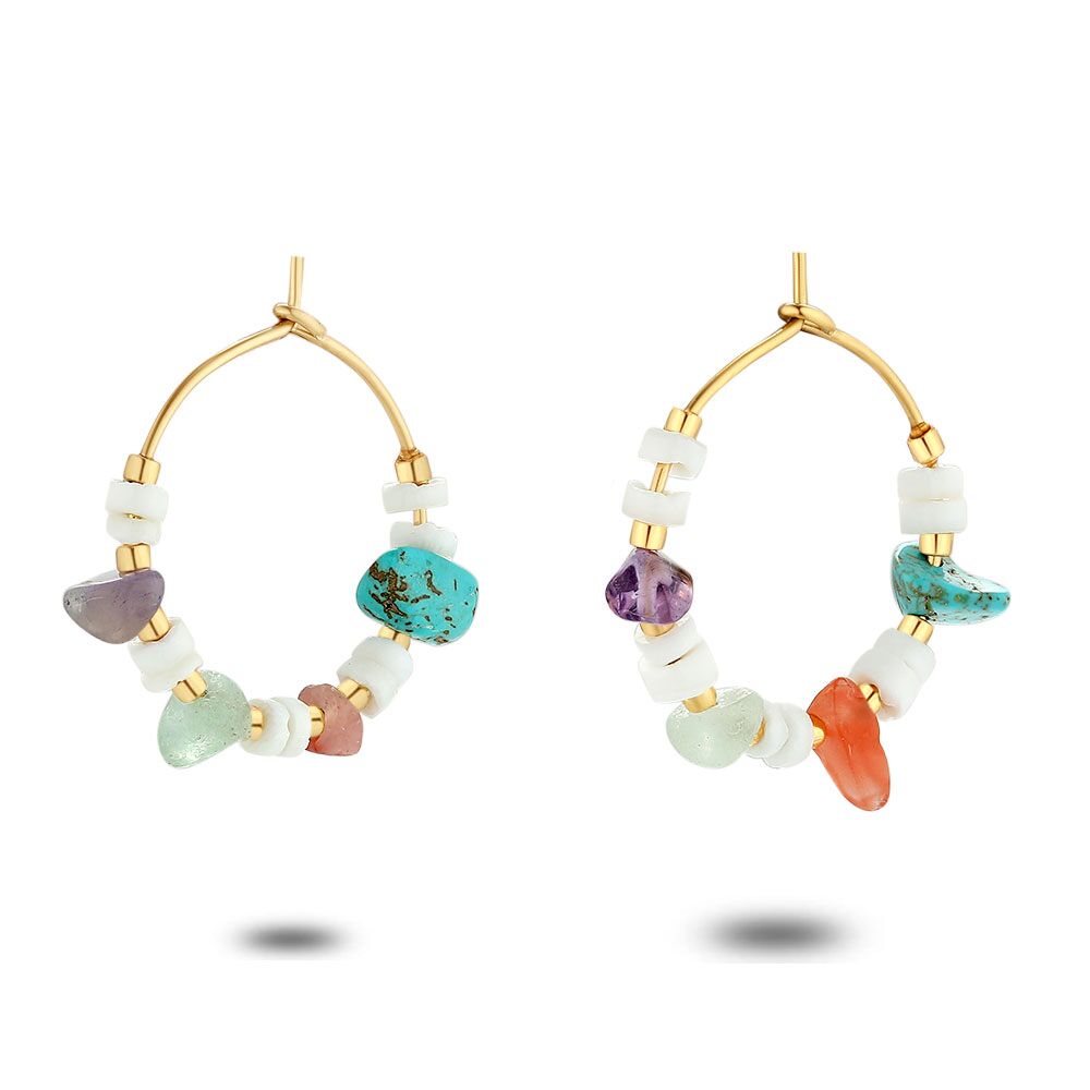 Gold Coloured Stainless Steel Earrings, Hoops, Multi Coloured Stones