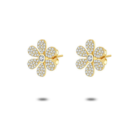 18Ct Gold Plated Silver Earrings, Flower In Zirconia