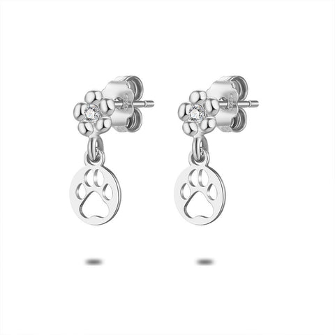 Silver Earrings, Flower With Zirconia, Paw