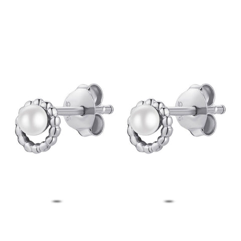 Silver Earrings, Pearl In Hammerd Circle