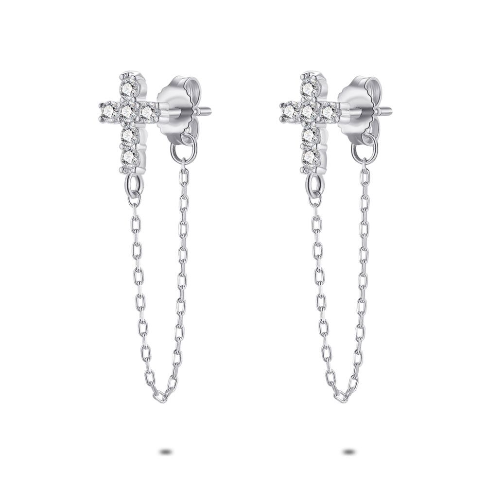 Silver Earrings, Zirconia Cross, Double Chain