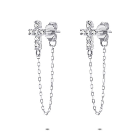 Silver Earrings, Zirconia Cross, Double Chain