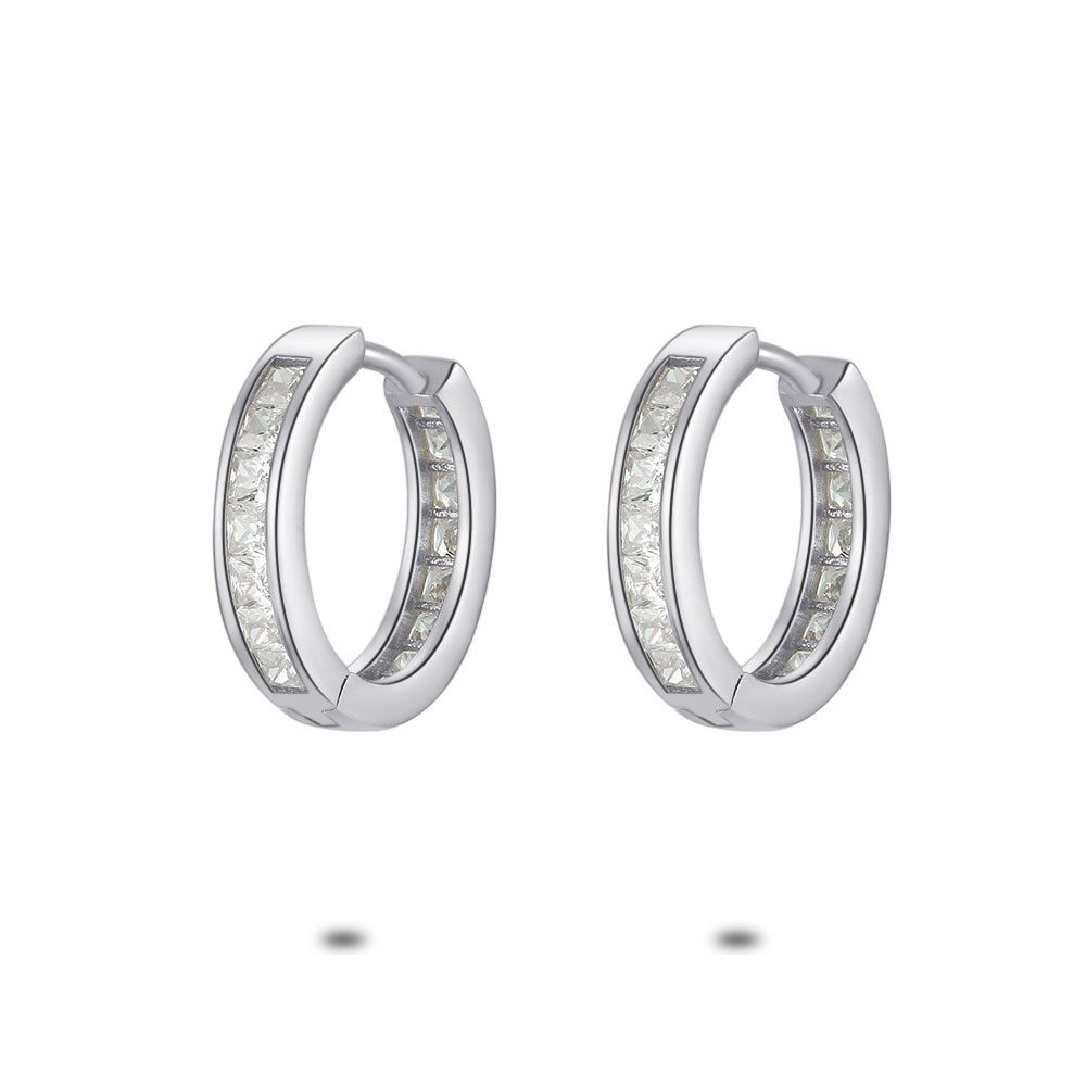 Silver Earrings, Hoops, Square Zirconia