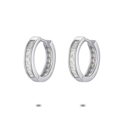 Silver Earrings, Hoops, Square Zirconia