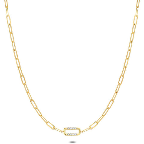 Gold Coloured Stainless Steel Necklace, Open Rectangle, Crystals