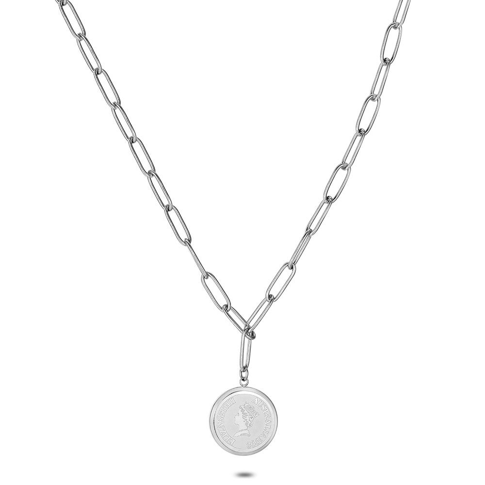 Stainless Steel Necklace, Oval Chain, Coin