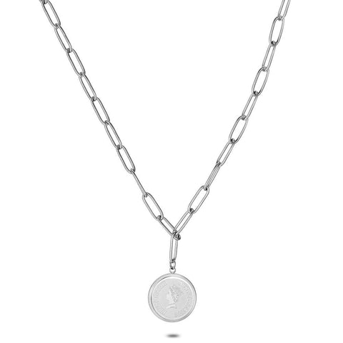 Stainless Steel Necklace, Oval Chain, Coin